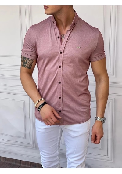 Modefendi Slimfit Merserize Pamuk Kısa Kollu Gömlek Pembe