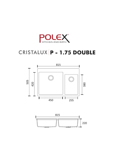 Polex Cristalüx Granit Evye P-1.75 Siyah 1.5 Gözlü Tezgah Altı Ve Tezgah Üstü Mutfak Evyesi 81x50.5 CM