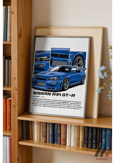 Nissan Skyline R34 Gt-r Mavi Jdm Poster, Siyah Çerçeveli Duvar Tablosu - Oto Severlere Özel Hediye