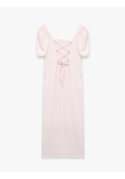 Koton Kare Yaka Sırtı Bağcıklı Slim Fit Kısa Balon Kol Yırtmaçlı Midi Bodycon Elbise Pembe 6sal80257ık Gül