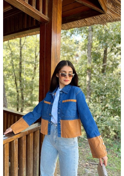 Kadın Mavi & Turuncu Denim Kontrast Çift Renk Detay, Ön Düğmeli Manşetli, Kot Ceket Turuncu