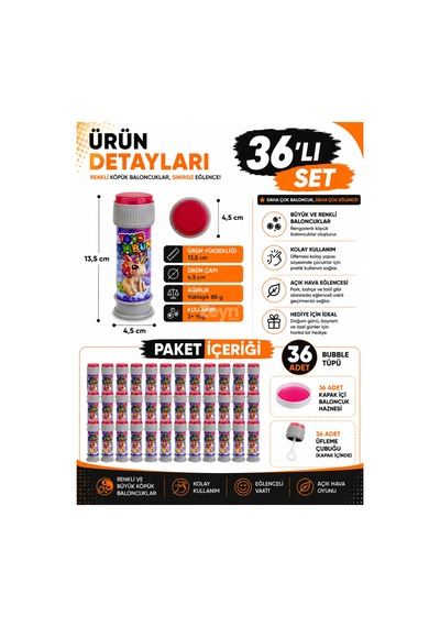 Bum Bum Köpük Balon Oyuncağı 36'lı Set Çocuklar İçin Sabun Baloncuk Oyuncağı