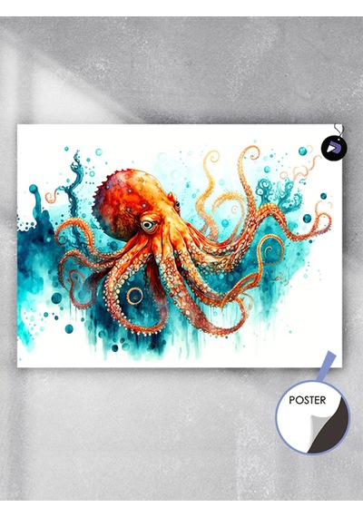Ahtapot Ve Okyanus Hayvan Poster - Afiş - Dekoratif Duvar Posteri