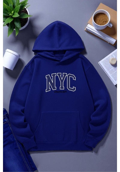 Uyguntarz Unisex Nyc Tasarım Baskılı Kapüşonlu Sweatshirt Saks Mavi