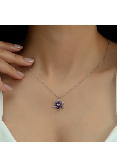 Pırlanta Modeli Mor Taş Lotus Kolye 925 Ayar Gümüş