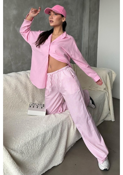 Madmext Pembe Beli Ayarlanabilir Çizgili Cepli Bol Paça Kadın Pantolon Mg2312 Pembe