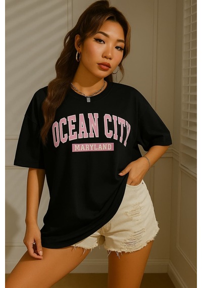 Ocean Cıty Baskılı Oversize Unisex Tişört SIYAH