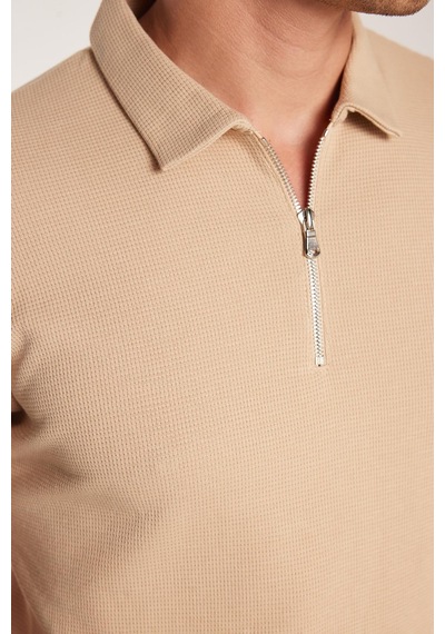 Tudors Erkek Slim Fit Dar Kesim %100 Pamuk Fermuarlı Bej Polo Yaka Tişört-33942 Bej