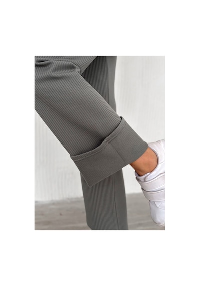 Gugus Kadın Bol Paça İçi Polarlı Fitilli Pantolon Içi Wide Leg Eşofman Altı Haki Yeşil
