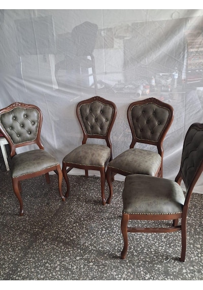 Sandalye Klasik 90612 Model Kayın Aslan Ayak Ceviz Nubuk Kumaş 4 Adet El Yapım Yeşil