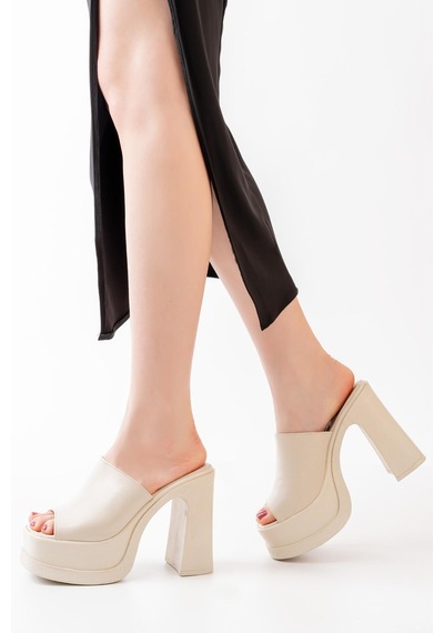 Asmi Shoes Kadın Geniş Bantlı 12cm Ortapedik Platform Terlik Krem Krem