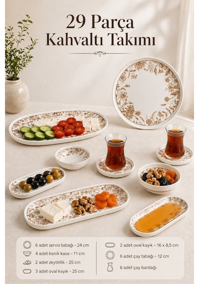 29 Parça Porselen Kahvaltı Takımı - Dijital Desenli Vesta 6 Kişilik Kahvaltı Servis Sunum Seti Çok Renkli