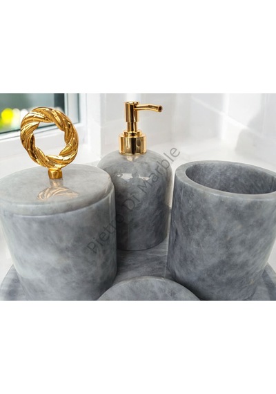 Gri Mermer Klasik Model 5 Parça Gold Renk Halka Aksesuarlı Banyo Seti Gri