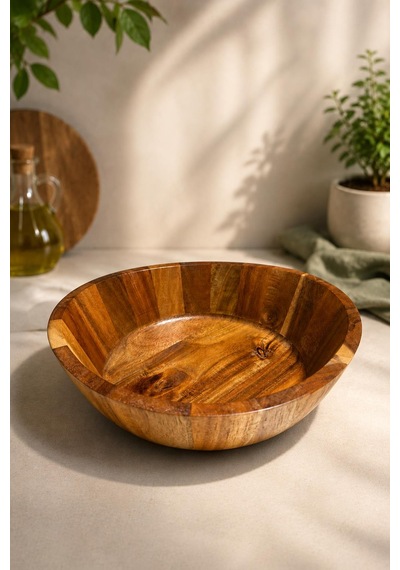 24 Cm Akasya Ahşap Salata Kasesi Modern Ekmeklik , Şık Ve Doğal Sunum Kasesi