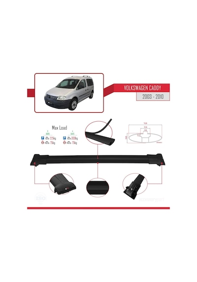 Volkswagen Caddy 2003-2010 Arası İle Uyumlu Fly Model Ara Atkı Tavan Barı Siyah 4 Adet Bar