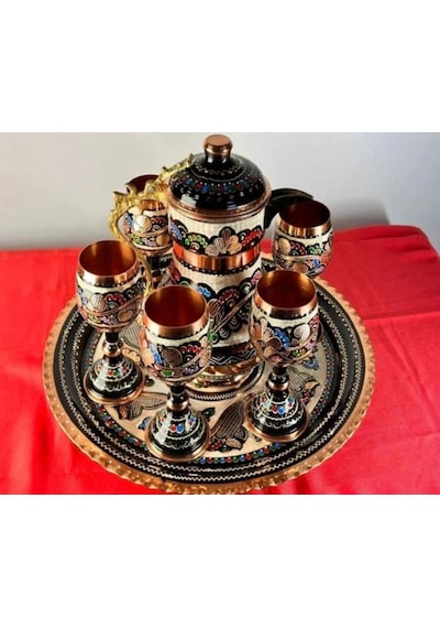 6lı Bakır Kadeh Meşrubat Bardağı Ve Sürahi,yuvarlak Tepsi