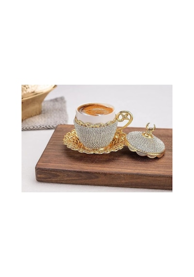 Türk Kahvesi Fincan Seti, Kristal Lokumluk, 6'li Espresso Fincan Ve Tabak Takımı Gold Beyaz Diğer