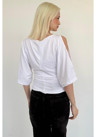 Madmext Beyaz Belden Büzgülü Yarasa Kollu Açık Omuz Bluz Mg2672 Beyaz