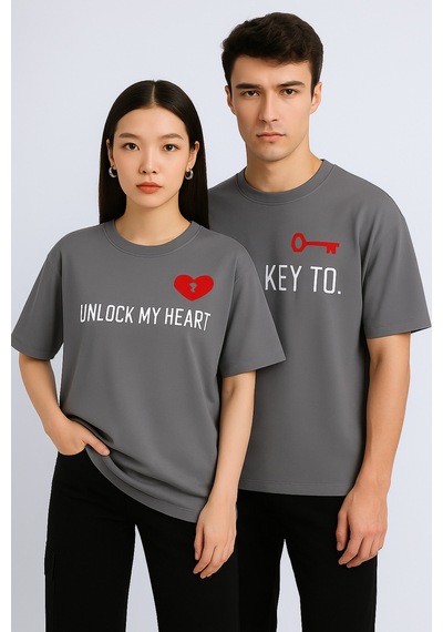 Nevermind Unisex Kadın Erkek The Key To Çift Sevgili T-shirt 2'li Set Takım Antrasit