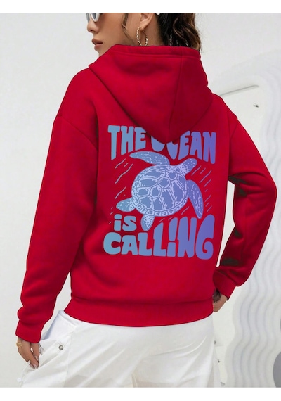 Uyguntarz Unisex The Ocean İs Calling Baskılı Tasarım Oversize Sweatshirt Kırmızı