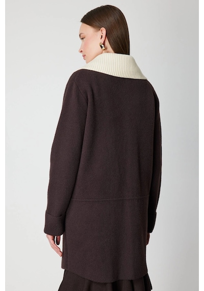 On Fashion Büyük Yakalı Düğmeli Kadın Kahverengi Hırka 63909 Kahve