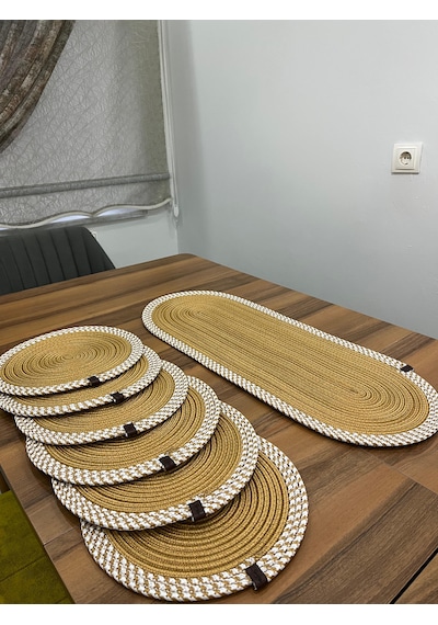 Senza Atelier 7 Parça Jüt Amerikan Servis Seti - Beyaz Bordürlü Runner Ve 6 Adet Supla Takımı Gold