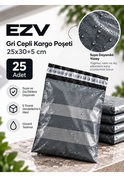 Gri Cepli Kargo Poşeti 25x30+5 Cm 25 Adet Yapışkanlı, Şeffaf Evrak Cepli