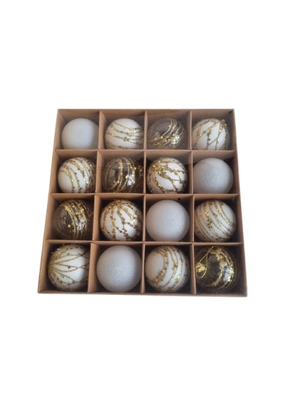 16 Adet Yılbaşı Ağacı Top Süsü 6 Cm - Beyaz Şeffaf Gold İşlemeli Lüks Dekorasyon Seti Özel Pvc Kraft Kutulu