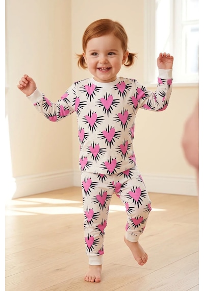 Zuzunga Kız Çocuk Pembe Kalp Desenli Uzun Kollu Pijama Takımı Beyaz-pembe