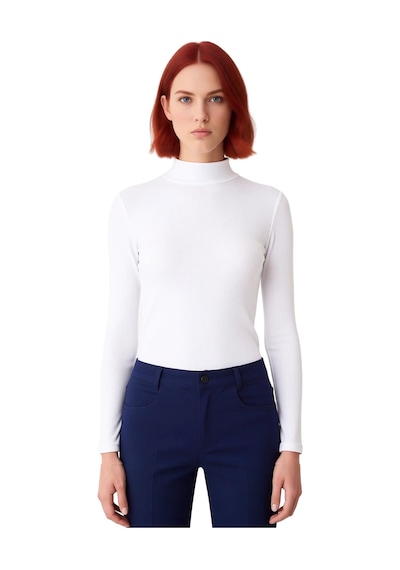 Ersefa Moda Dik Yaka Örme Slim Düz Desen Casual Günlük Regular Uzun Kol Beyaz