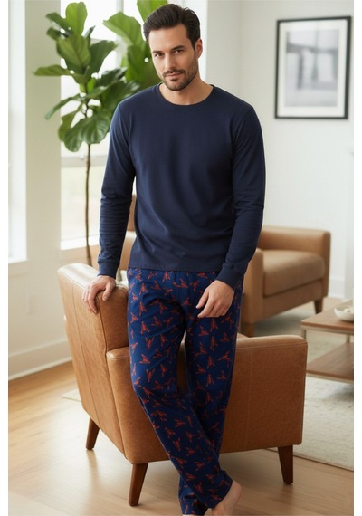 Siyah İnci Uzun Kollu Pamuklu Örme Pijama Takım 7972 Lacivert Istakoz