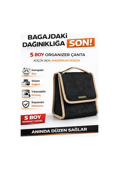 Oto Bagaj Organizer Bagaj Çantası S Boy Kaymaz Cırt Bantlı Velur Kompakt - Siyah Bej