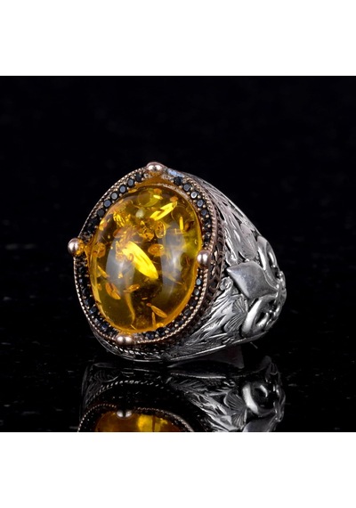 925 Ayar Gümüş Yüzükler Premium Üretilmiş Taşlarla Bal Amberi Gümüş
