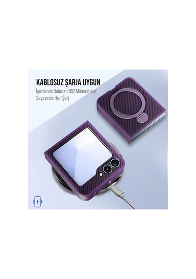 Samsung Galaxy Z Flip 6 Uyumlu Magsafe Manyetik Halkalı Kılıf 360 Döner Yüzük Standlı, Karbon Fiber Desenli, Kamera Korumalı, Darbelere Ve Çizilmelere Dayanıklı Kapak Mor Samsung Galaxy Z Flip 6 Uyumlu Magsafe Manyetik Halkalı Kılıf 360 Döner Yüzük Standlı, Karbon Fiber Desenli, Kamera Korumalı, Darbelere Ve Çizilmelere Dayanıklı Kapak Mor