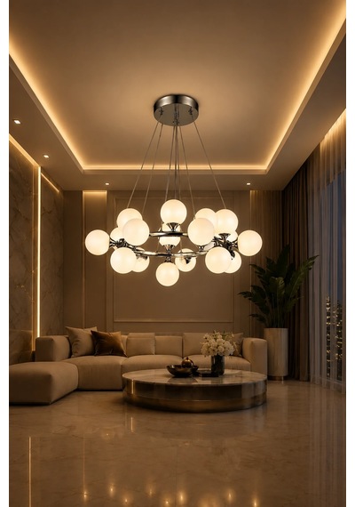 Modern Premium 15'li Sarkıt Avizesi Krom Gövde Küre Salon Mutfak Modelleri G9 Duy - Ampül Hediyeli Gri