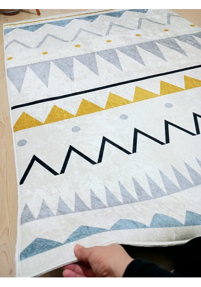 Zig Zag, Makinede Yıkanabilir, İnce, Dokuma Tabanlı, Çocuk Odası Halısı Çok Renkli