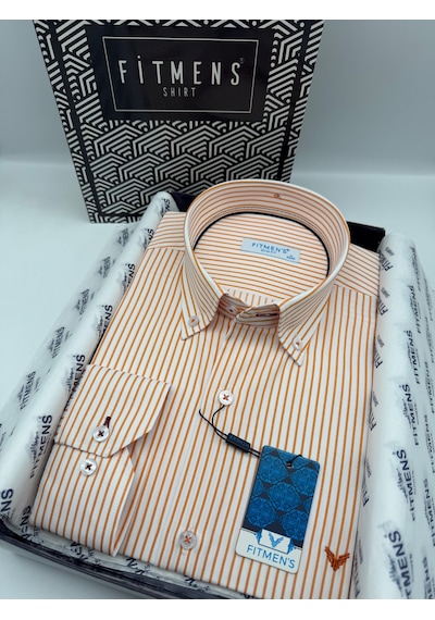 Slim Fit Uzun Kol Premium Çizgili Yaka Düğmeli Hediye Kutulu Erkek Gömlek Fs-004440 - Oranj-3178 Turuncu - Sarı Slim Fit Uzun Kol Premium Çizgili Yaka Düğmeli Hediye Kutulu Erkek Gömlek Fs-004440 - Oranj-3178 Turuncu - Sarı