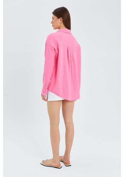 Mixray - 3833 Kadın Oversize Cepli Müslin Gömlek Pembe