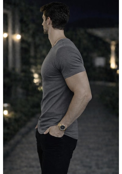 Bybülent Erkek Oval Yaka Tişört Açık Yaka Likralı Slim Fit T-shirt Gri Füme