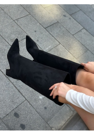 Erva'nın Butiği Siyah Süet Losy Xl Geniş Konç Kalın Bacak 5 Cm Topuklu Çizme-6523 Erva'nın Butiği Siyah Süet Losy Xl Geniş Konç Kalın Bacak 5 Cm Topuklu Çizme-6523