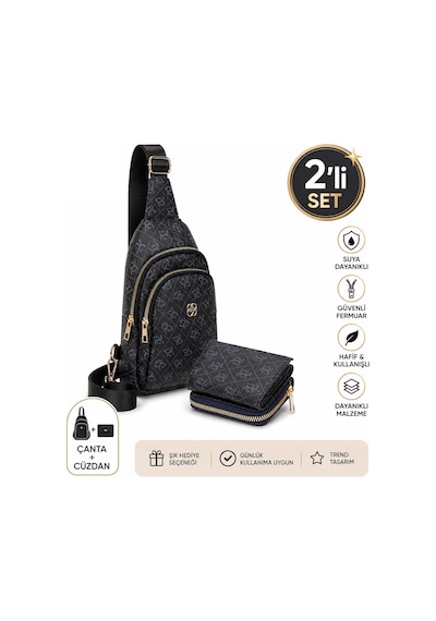 Newish Polo Kadın Bej Deri Monogram Desenli Çapraz Bel Göğüs Ve Omuz Çantası New218 Siyah - Antransit