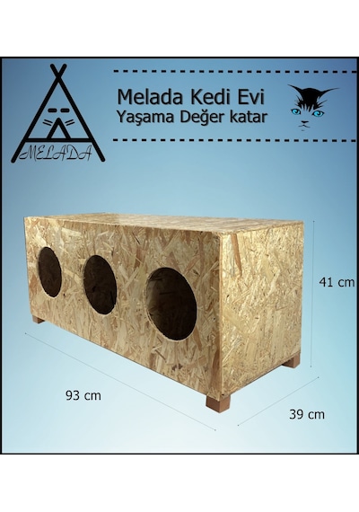Melada Kedi Evi Dış Ortam Uygun 3'lü Ahşap Kedi Evi Osb 93x41x39 Cm