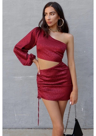 Fashion Cocktail Bel Dekolteli Tek Kol Gece Elbisesi Şarap Kırmızı Bordo
