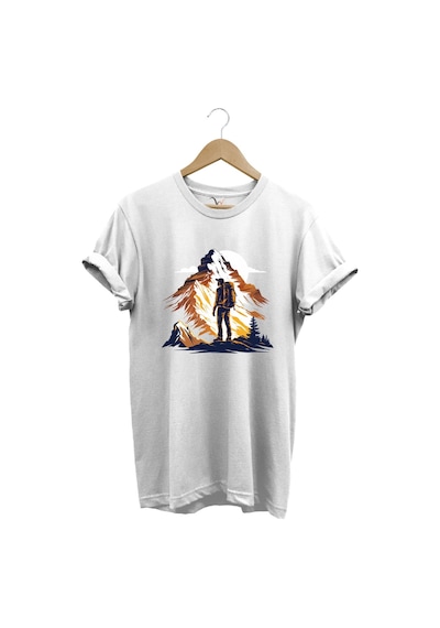 Mountain Dağ Yürüyüşü Ve Kar Manzara Baskılı %100 Pamuk Unisex Regular Fit T-shirt Beyaz