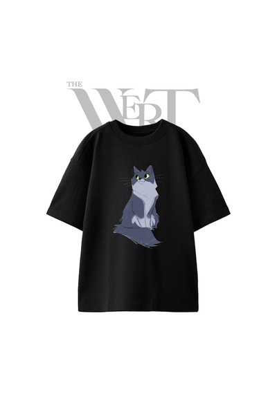 Thewert Cartoon Cat Tasarım Baskılı Ünisex Siyah Oversize T-shirt