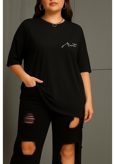 Büyük Beden Dağ Baskılı Unisex Tişört SIYAH