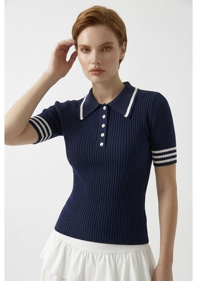 Neden Tekstil Kadın Polo Yaka Düğmeli Kısa Kollu Triko Bluz - Lacivert