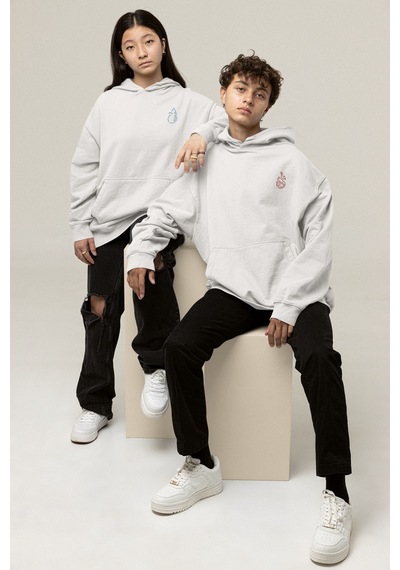Nevermind Ateş Ve Su Baskılı Sevgili Hoodie Kadın Erkek Oversize Çift Swe Beyaz