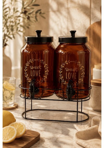 2'li Amber Cam İçecek Sebili Musluklu Standlı Limonata Dispenseri Sunumluk Set 4 L + 4 L