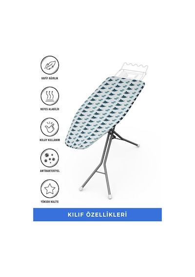 Ütü Masası Kılıfı Örtüsü Bezi, Turkuaz Yapraklı Süngerli Ve Keçeli, Yanmaz, Ayarlanabilir 48x138 Cm